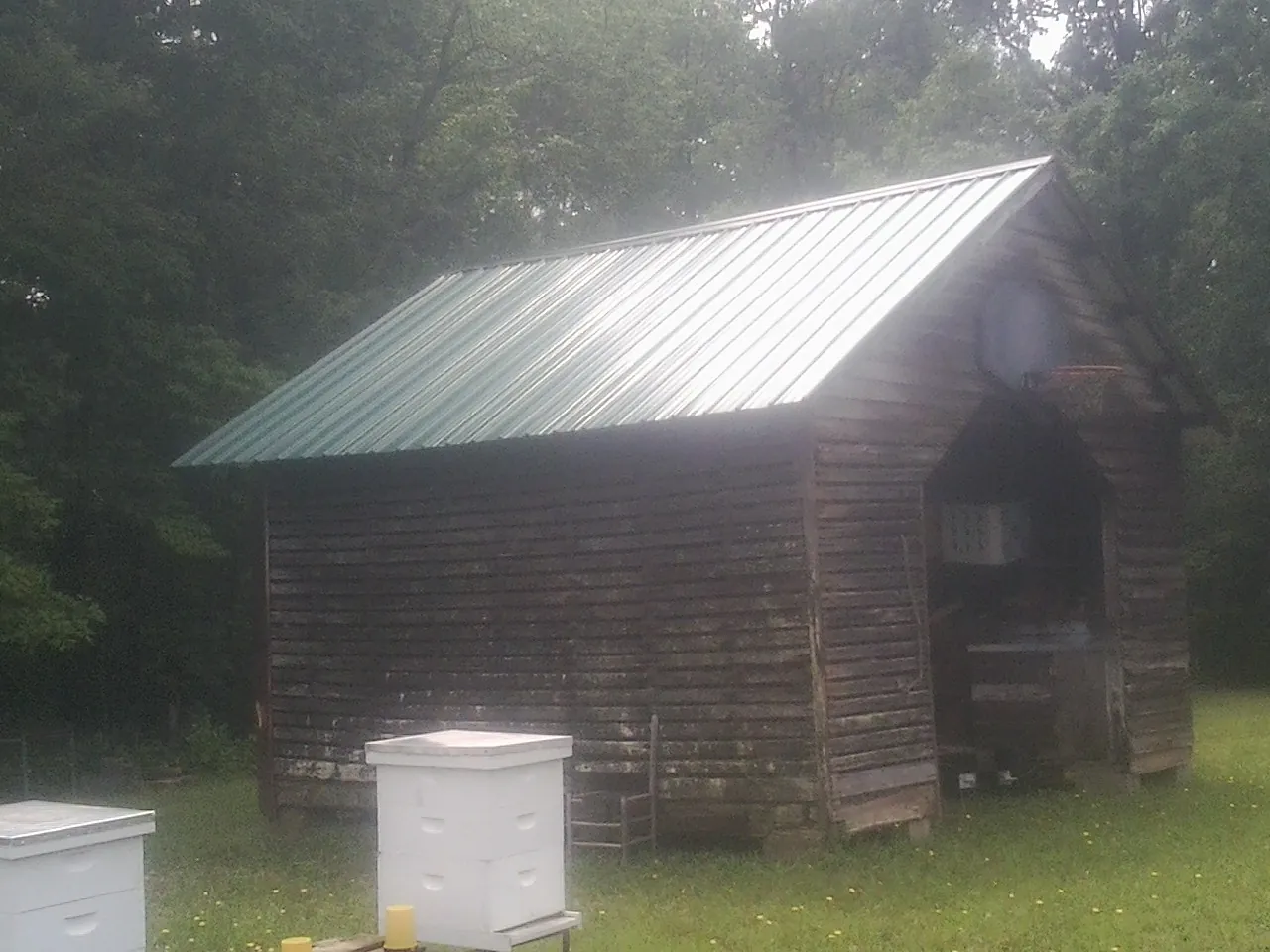 Green metal roof on a weathered barn beside stacked beehives in Copeland