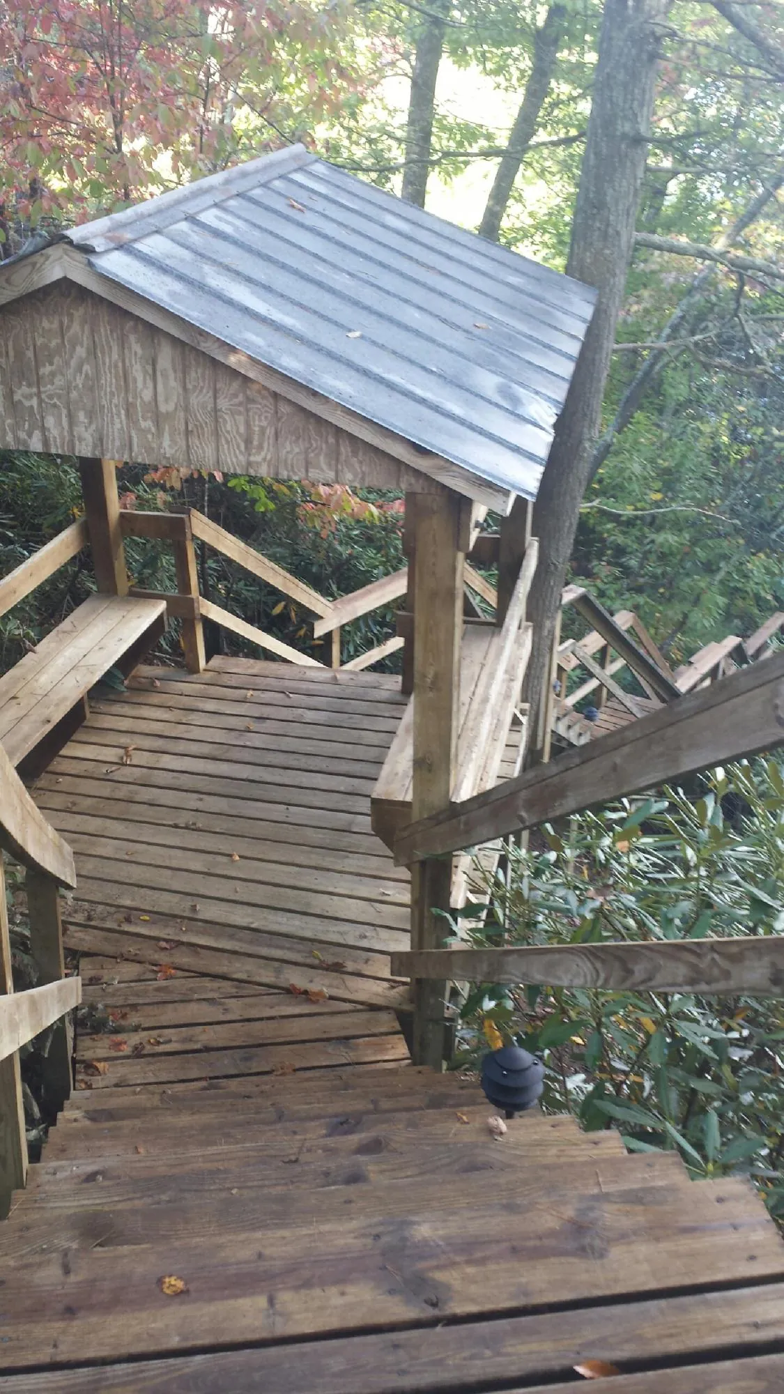 Metal roofed shelter over wooden steps on a wooded walkway — Skylight Repair & Installation work by our crew in Copeland